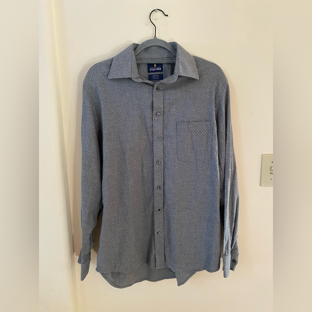 STAFFORD MENS GRAY BLUE LONG SLEEVE BOTTON DOWN SHIRT COTTON 15 1/2 34-35